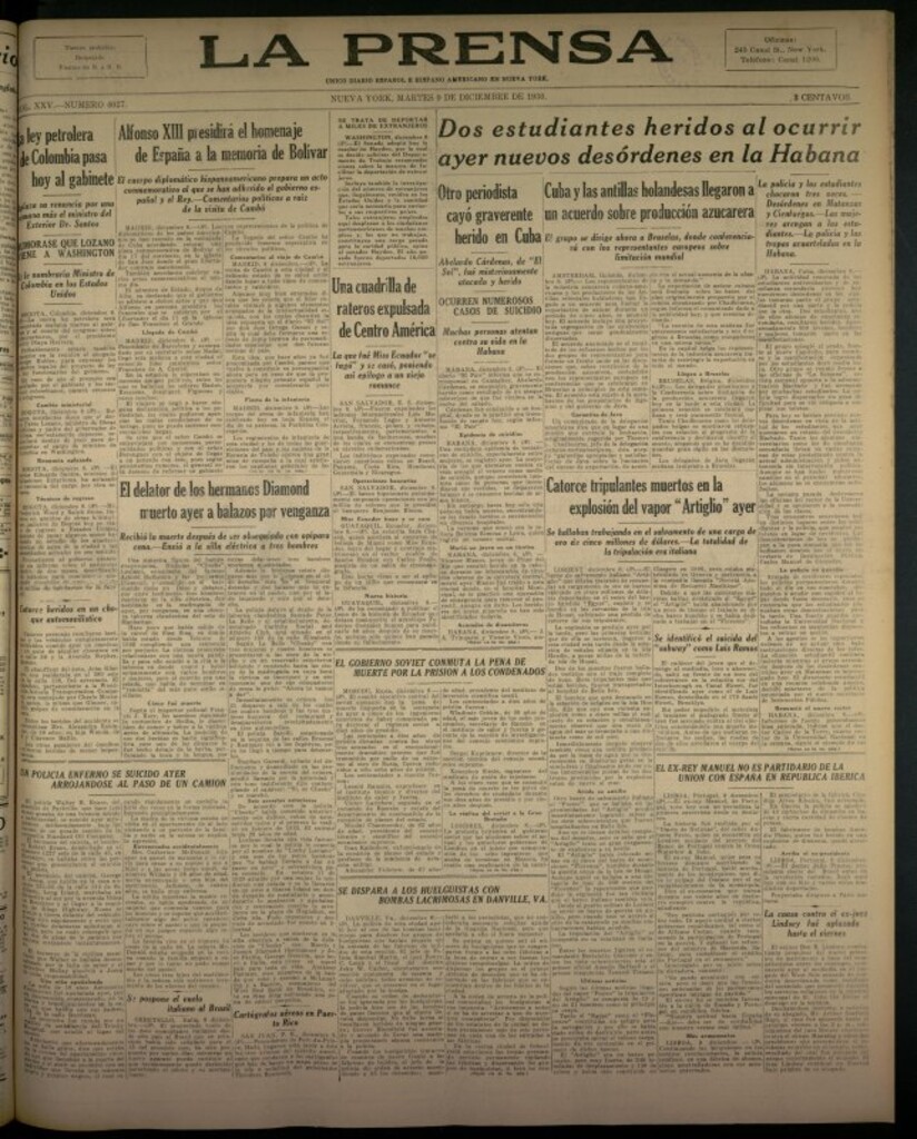 Miniatura de La Prensa: único diario español e hispano americano en Nueva York del 9 de diciembre de 1930, nº 3427