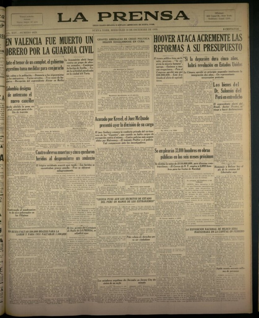 Miniatura de La Prensa: único diario español e hispano americano en Nueva York del 10 de diciembre de 1930, nº 3428