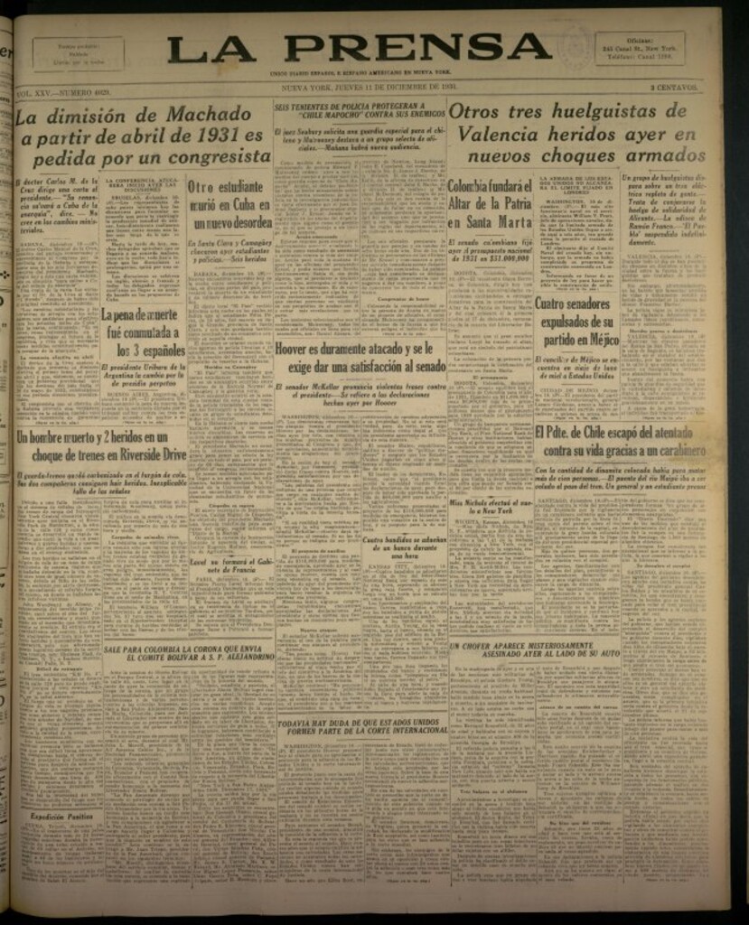 Miniatura de La Prensa: único diario español e hispano americano en Nueva York del 11 de diciembre de 1930, nº 3429