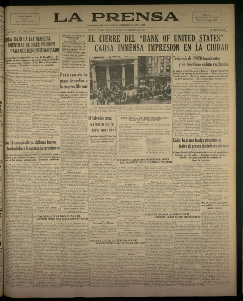 Miniatura de La Prensa: único diario español e hispano americano en Nueva York del 12 de diciembre de 1930, nº 3430