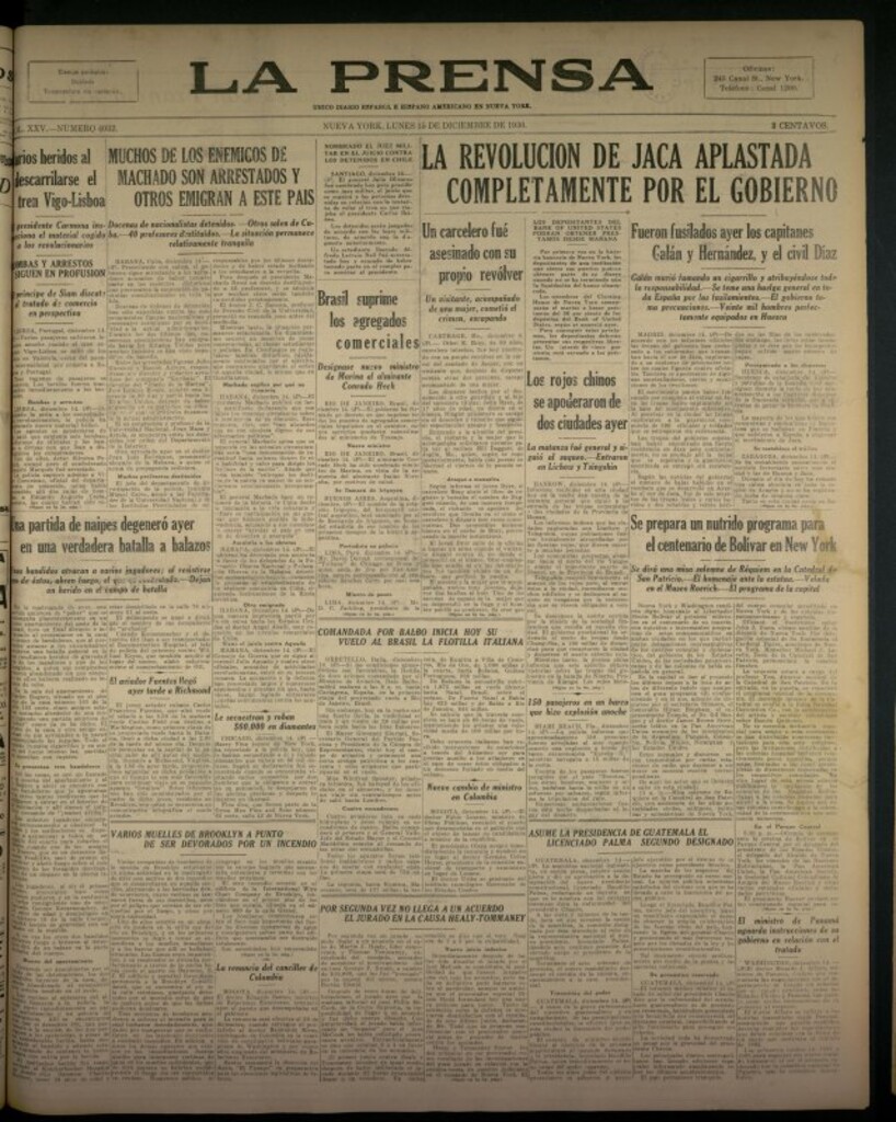 Miniatura de La Prensa: único diario español e hispano americano en Nueva York del 15 de diciembre de 1930, nº 3432