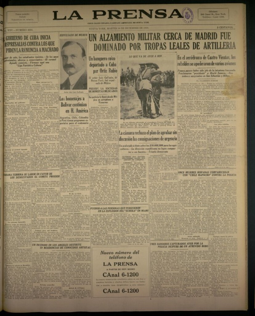 Miniatura de La Prensa: único diario español e hispano americano en Nueva York del 16 de diciembre de 1930, nº 3433