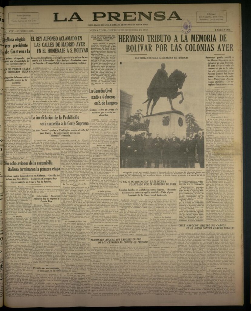 Miniatura de La Prensa: único diario español e hispano americano en Nueva York del 18 de diciembre de 1930, nº 3435