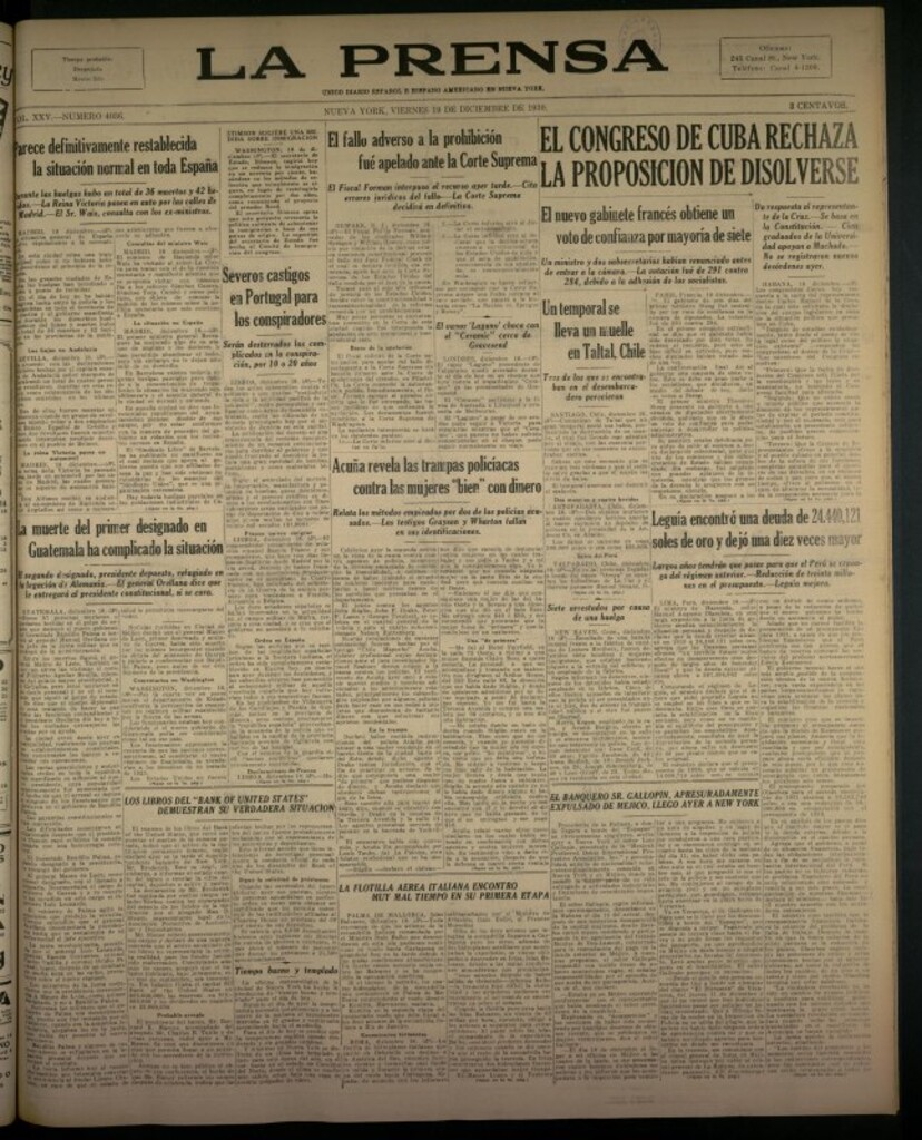 Miniatura de La Prensa: único diario español e hispano americano en Nueva York del 19 de diciembre de 1930, nº 3436