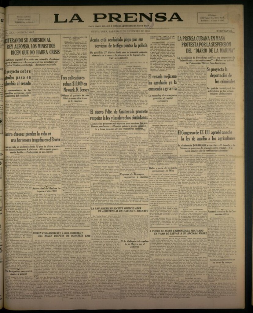 Miniatura de La Prensa: único diario español e hispano americano en Nueva York del 20 de diciembre de 1930, nº 3437