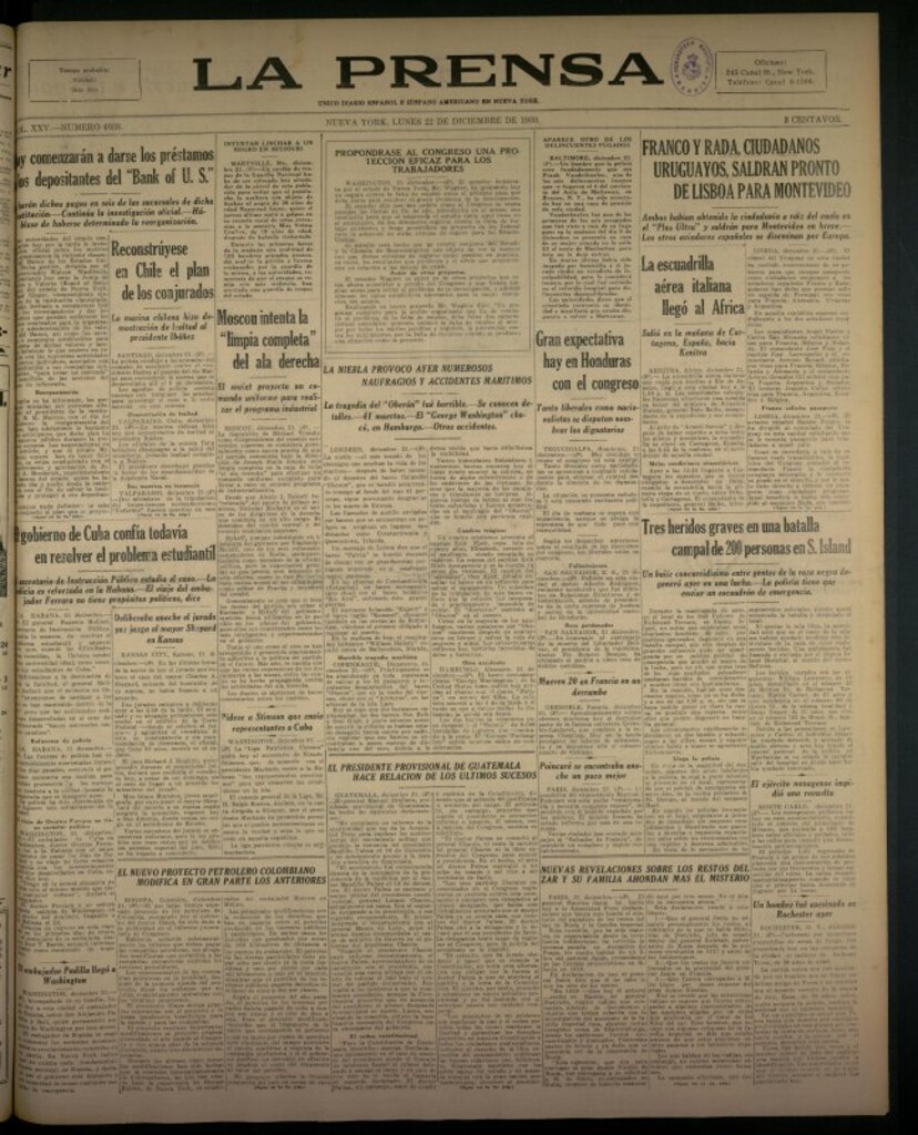 Miniatura de La Prensa: único diario español e hispano americano en Nueva York del 22 de diciembre de 1930, nº 3438