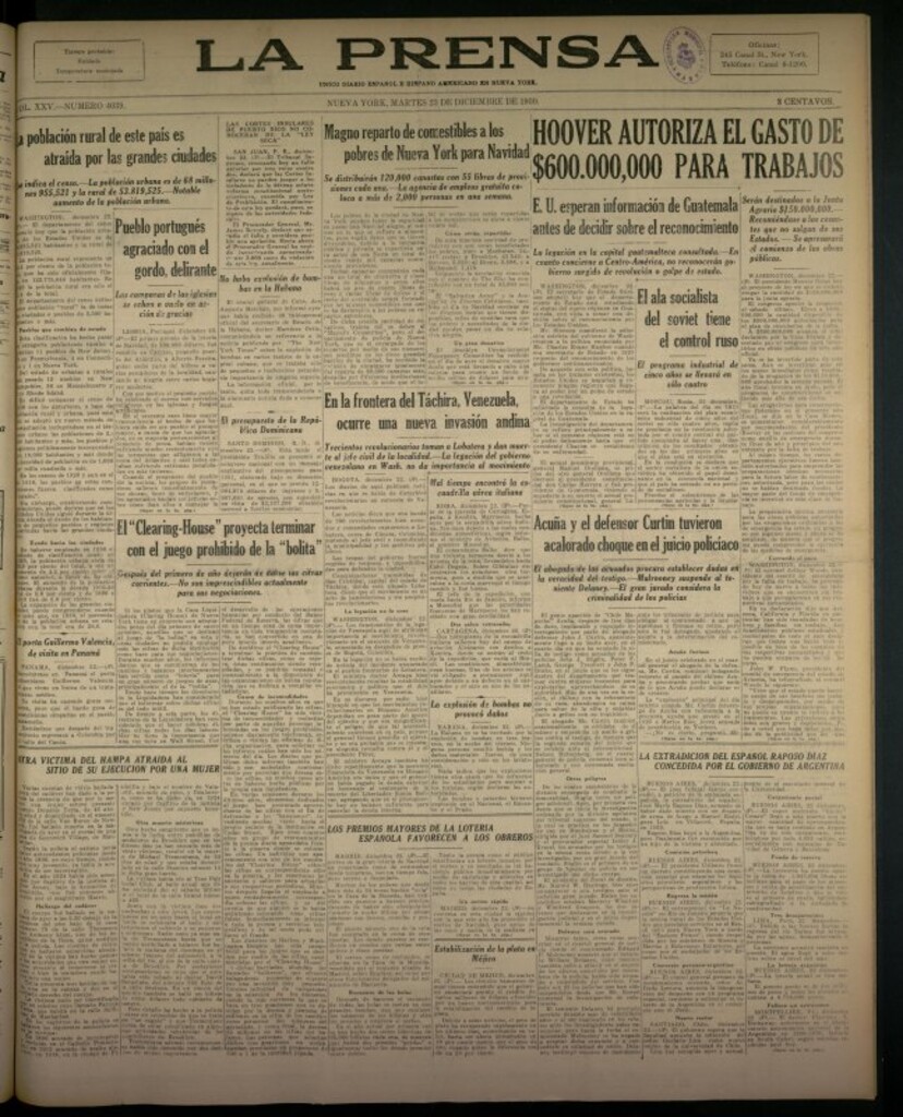 Miniatura de La Prensa: único diario español e hispano americano en Nueva York del 23 de diciembre de 1930, nº 3439
