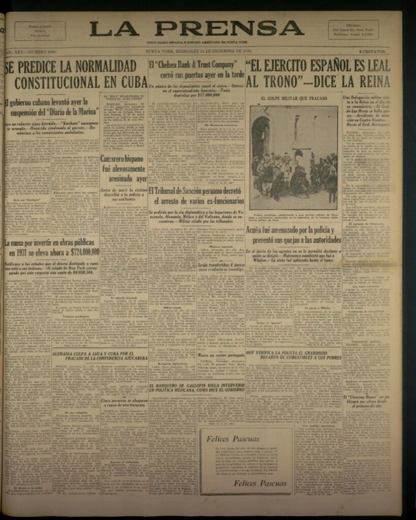 Miniatura de La Prensa: único diario español e hispano americano en Nueva York del 24 de diciembre de 1930, nº 3440