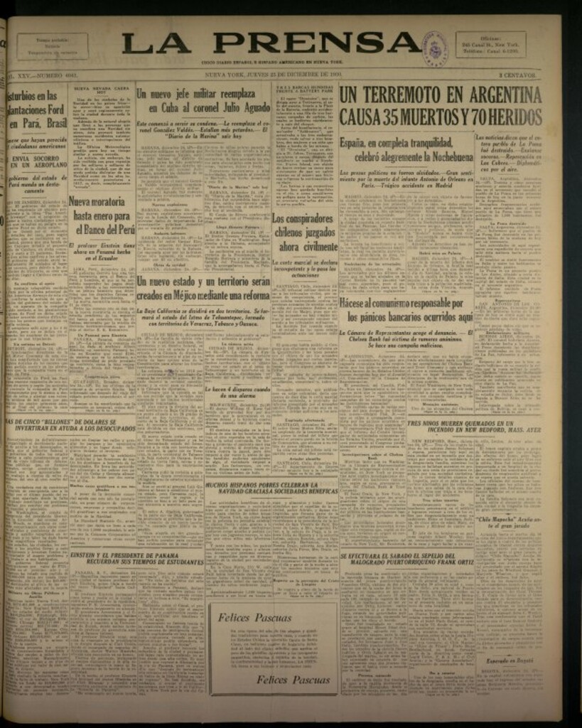 Miniatura de La Prensa: único diario español e hispano americano en Nueva York del 25 de diciembre de 1930, nº 3441