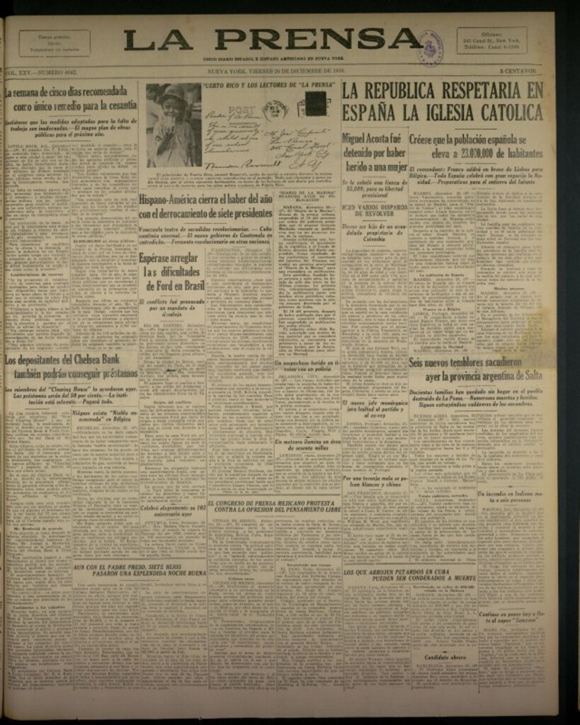 Miniatura de La Prensa: único diario español e hispano americano en Nueva York del 26 de diciembre de 1930, nº 3442