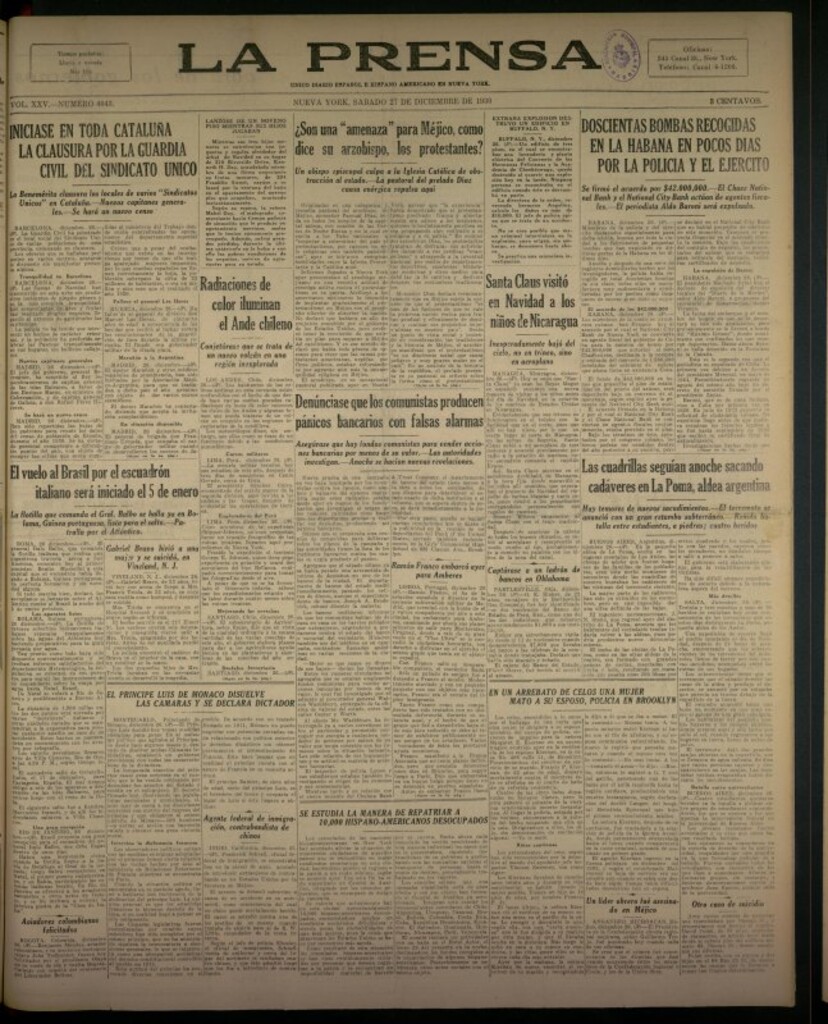 Miniatura de La Prensa: único diario español e hispano americano en Nueva York del 27 de diciembre de 1930, nº 3443