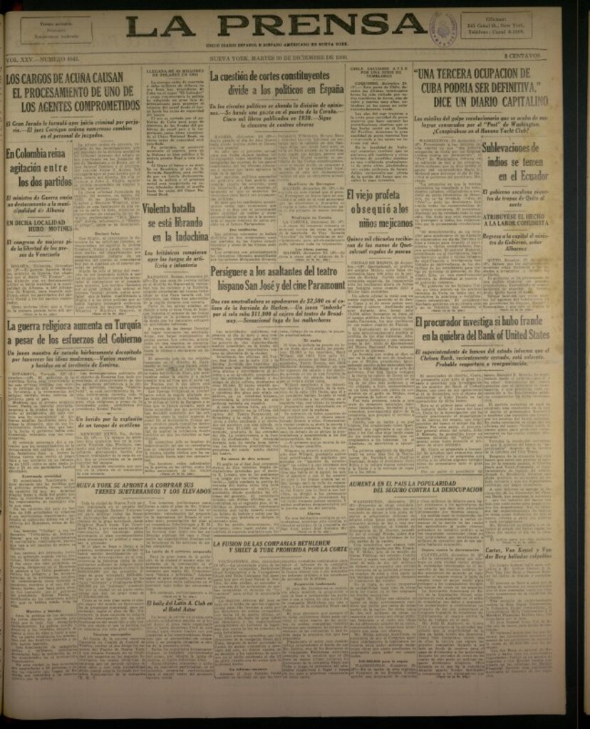 Miniatura de La Prensa: único diario español e hispano americano en Nueva York del 30 de diciembre de 1930, nº 3445