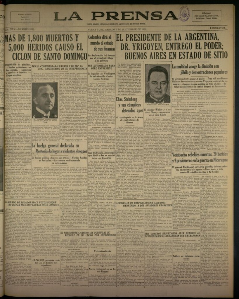 Miniatura de La Prensa: único diario español e hispano americano en Nueva York del 6 de septiembre de 1930, nº 3947