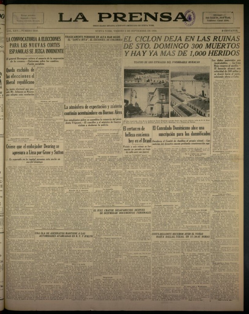 Miniatura de La Prensa: único diario español e hispano americano en Nueva York del 5 de septiembre de 1930, nº 3946