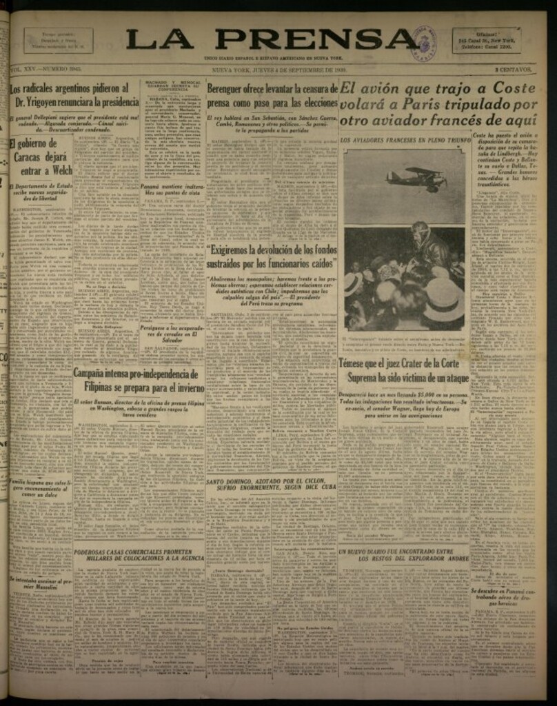 Miniatura de La Prensa: único diario español e hispano americano en Nueva York del 4 de septiembre de 1930, nº 3945