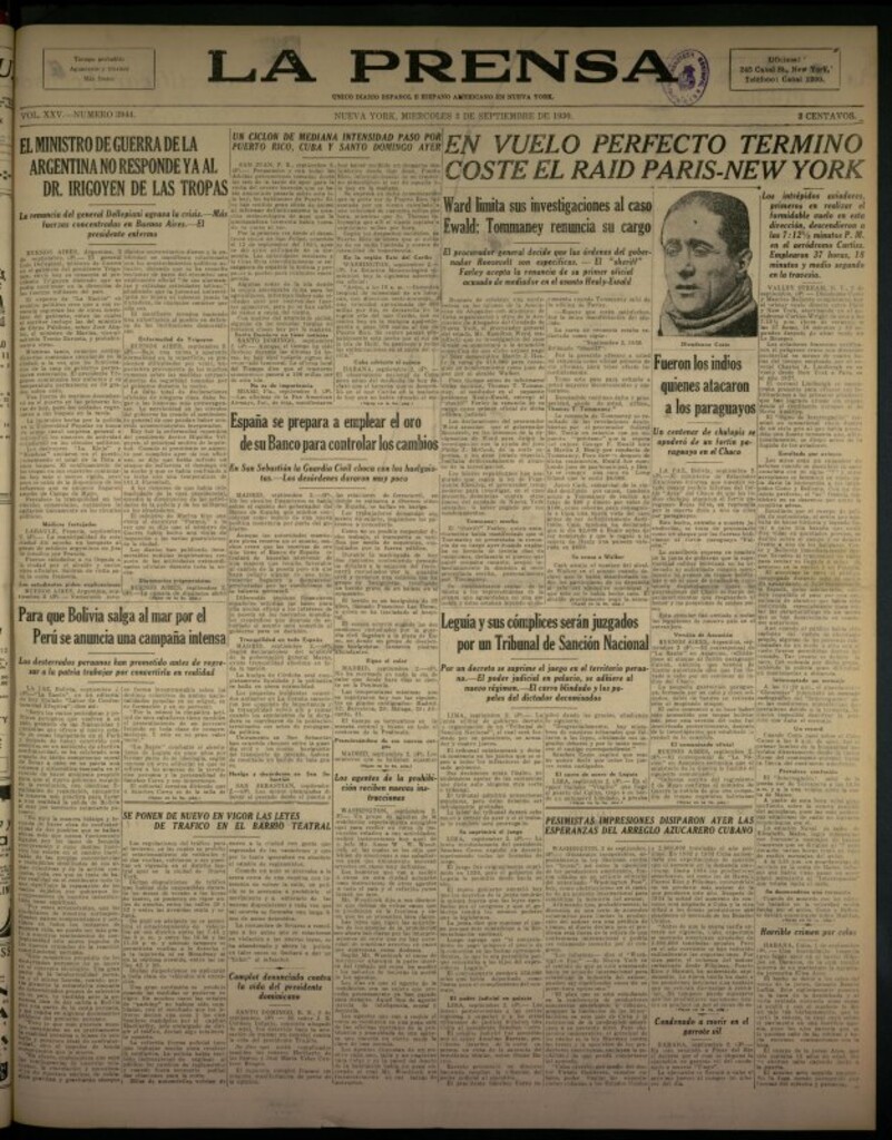 Miniatura de La Prensa: único diario español e hispano americano en Nueva York del 3 de septiembre de 1930, nº 3944