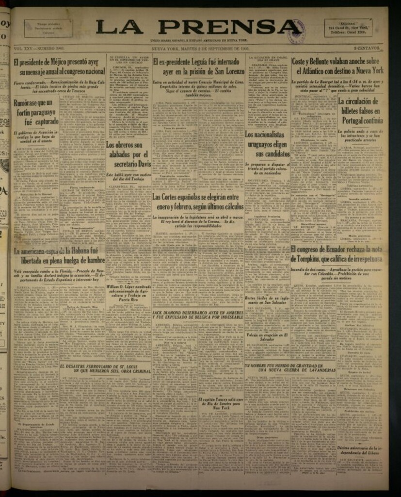 Miniatura de La Prensa: único diario español e hispano americano en Nueva York del 2 de septiembre de 1930, nº 3943