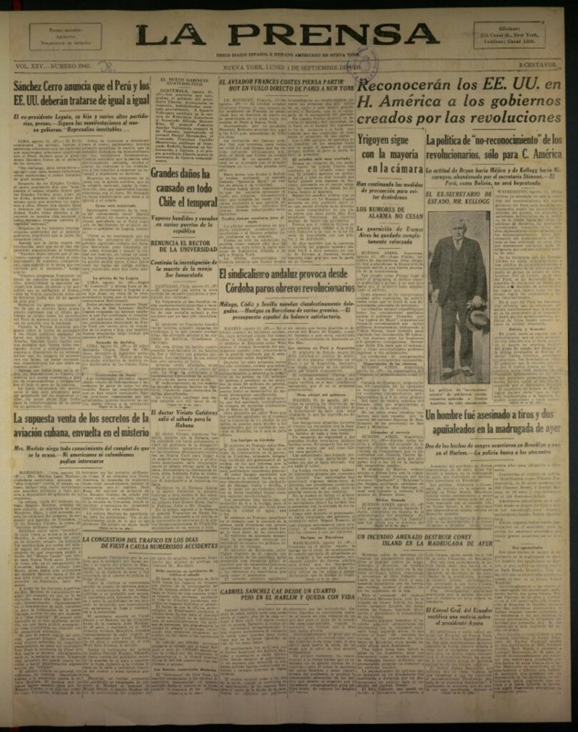 Miniatura de La Prensa: único diario español e hispano americano en Nueva York del 1 de septiembre de 1930, nº 3942