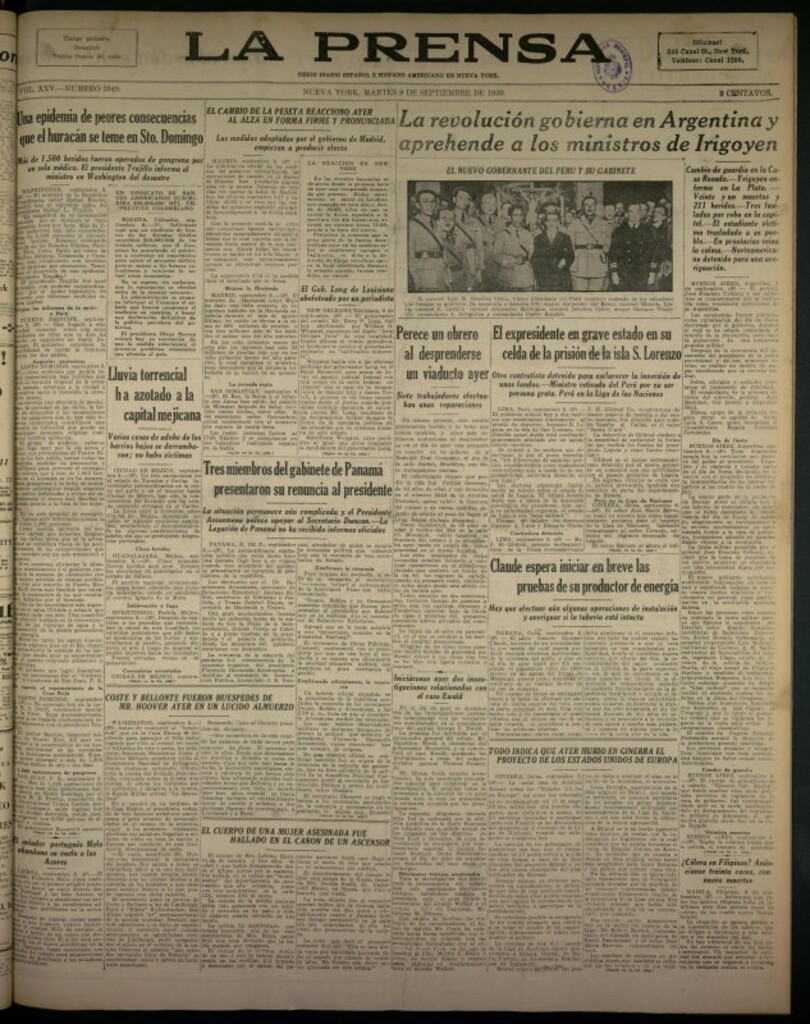 Miniatura de La Prensa: único diario español e hispano americano en Nueva York del 9 de septiembre de 1930, nº 3949
