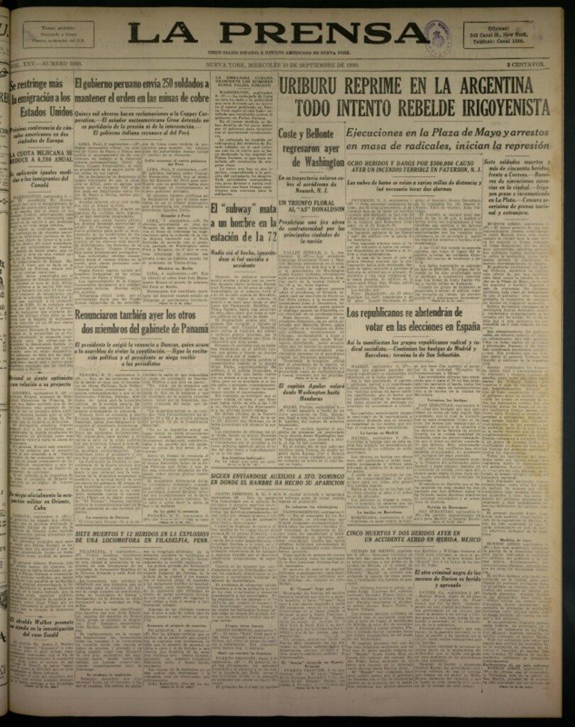Miniatura de La Prensa: único diario español e hispano americano en Nueva York del 10 de septiembre de 1930, nº 3950