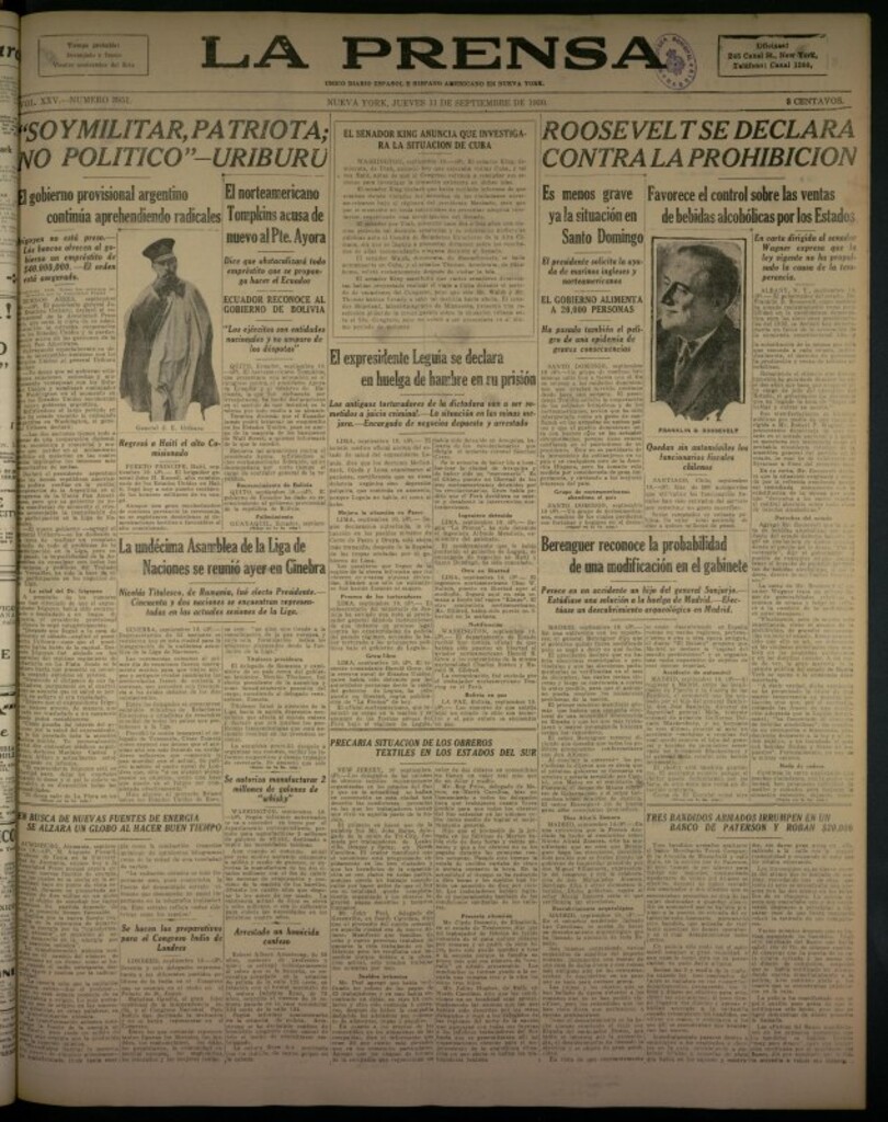 Miniatura de La Prensa: único diario español e hispano americano en Nueva York del 11 de septiembre de 1930, nº 3951