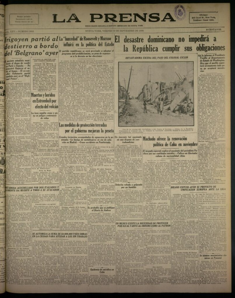 Miniatura de La Prensa: único diario español e hispano americano en Nueva York del 12 de septiembre de 1930, nº 3952
