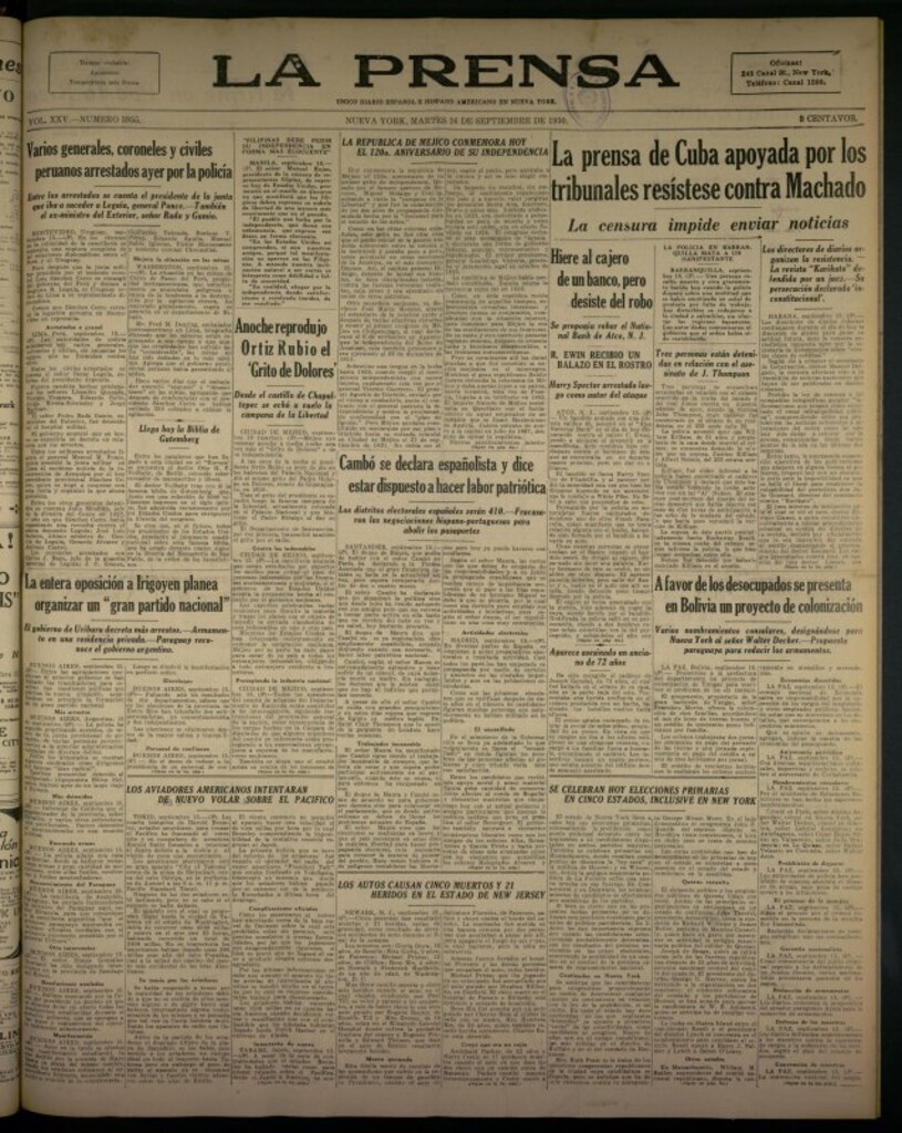 Miniatura de La Prensa: único diario español e hispano americano en Nueva York del 16 de septiembre de 1930, nº 3955
