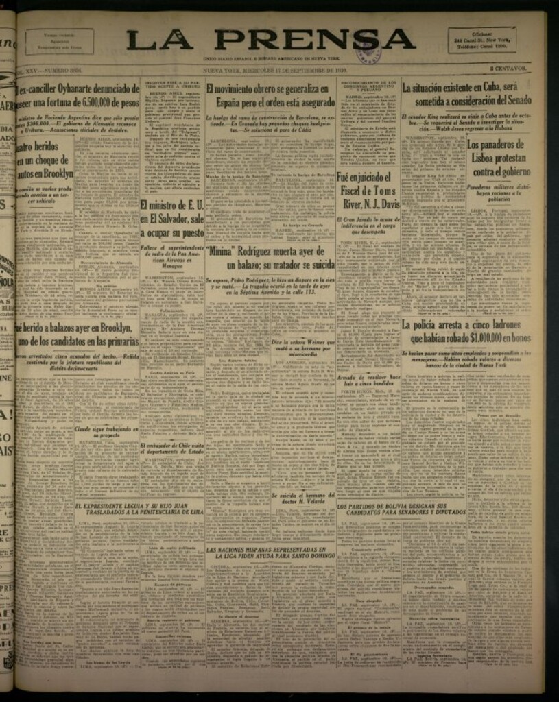 Miniatura de La Prensa: único diario español e hispano americano en Nueva York del 17 de septiembre de 1930, nº 3956
