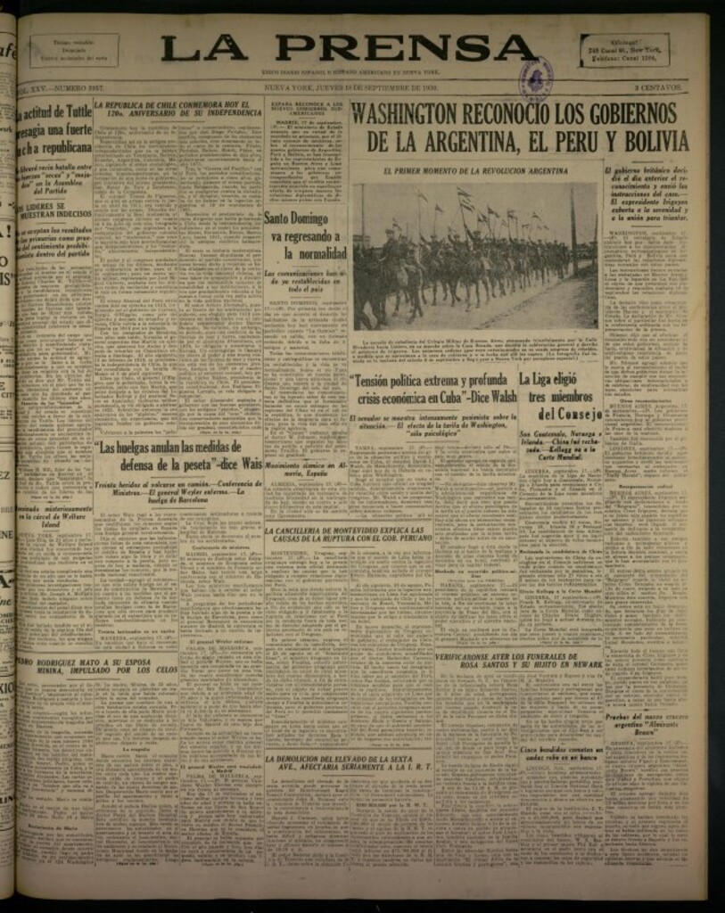 Miniatura de La Prensa: único diario español e hispano americano en Nueva York del 18 de septiembre de 1930, nº 3957