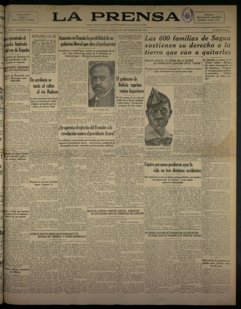 Miniatura de La Prensa: único diario español e hispano americano en Nueva York del 22 de septiembre de 1930, nº 3960