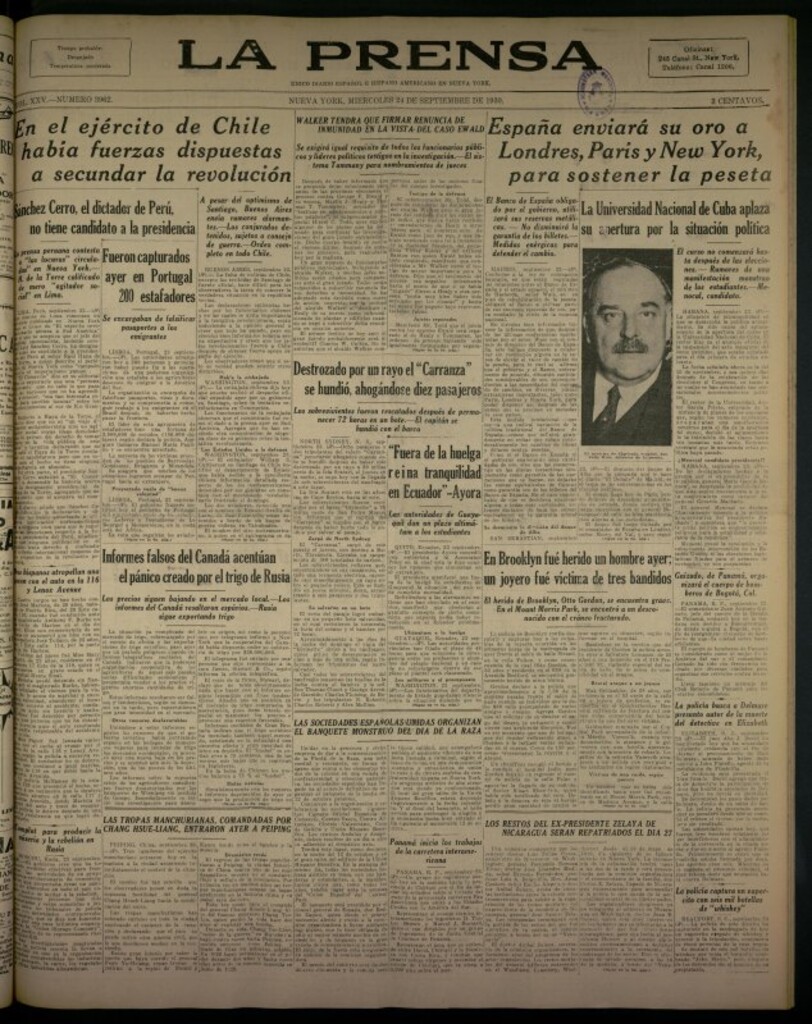 Miniatura de La Prensa: único diario español e hispano americano en Nueva York del 24 de septiembre de 1930, nº 3962