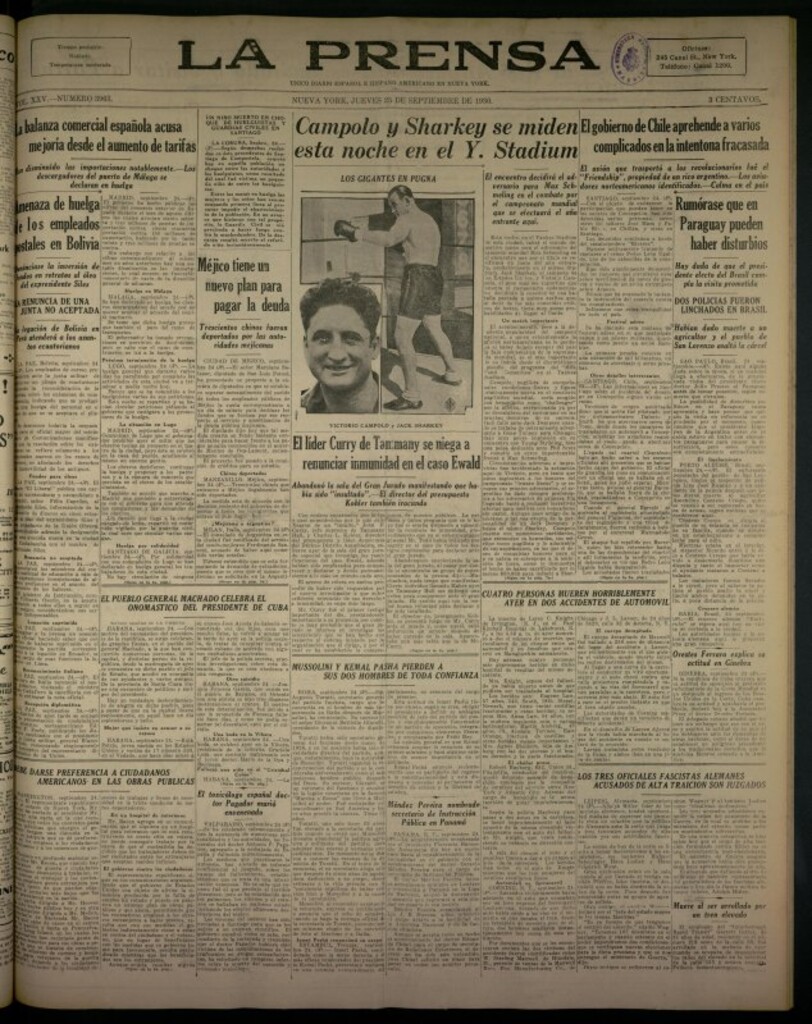 Miniatura de La Prensa: único diario español e hispano americano en Nueva York del 25 de septiembre de 1930, nº 3963
