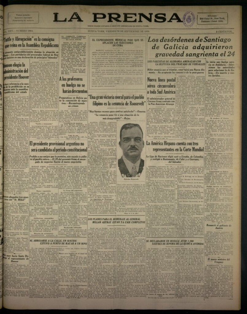 Miniatura de La Prensa: único diario español e hispano americano en Nueva York del 26 de septiembre de 1930, nº 3964