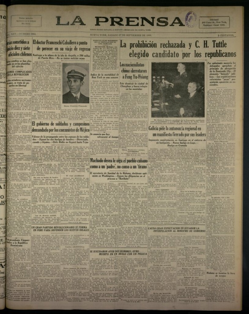 Miniatura de La Prensa: único diario español e hispano americano en Nueva York del 27 de septiembre de 1930, nº 3965