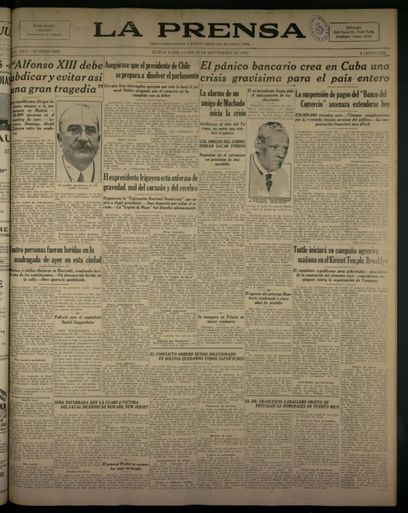 Miniatura de La Prensa: único diario español e hispano americano en Nueva York del 29 de septiembre de 1930, nº 3966