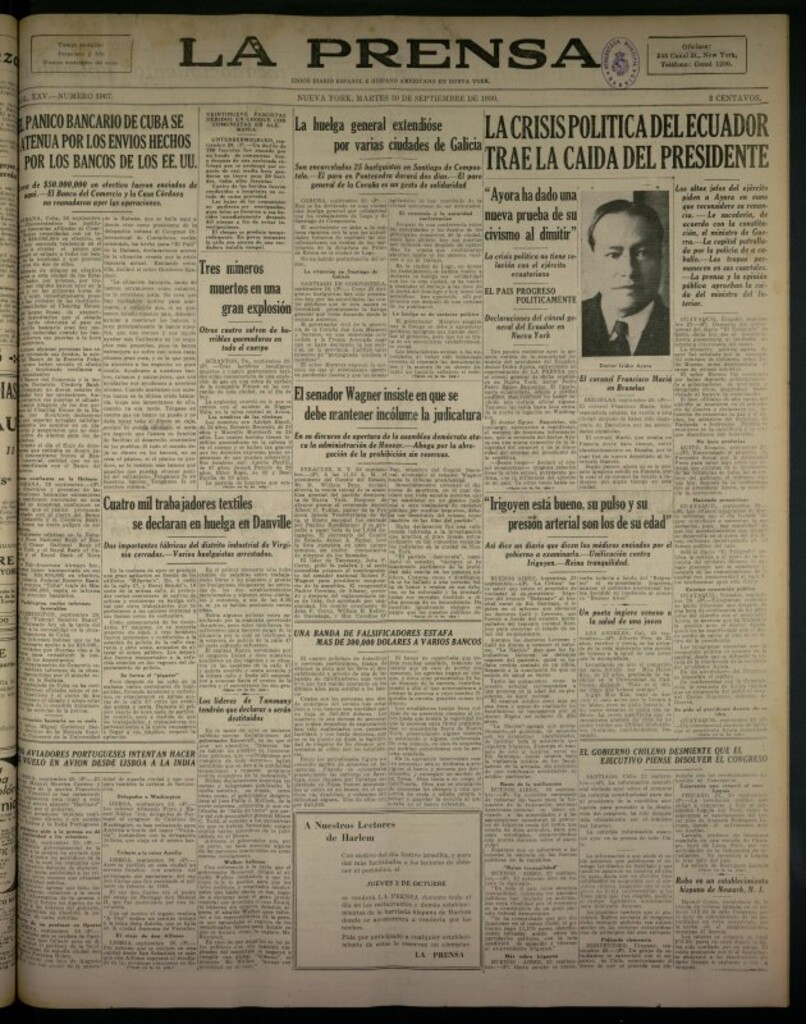 Miniatura de La Prensa: único diario español e hispano americano en Nueva York del 30 de septiembre de 1930, nº 3967