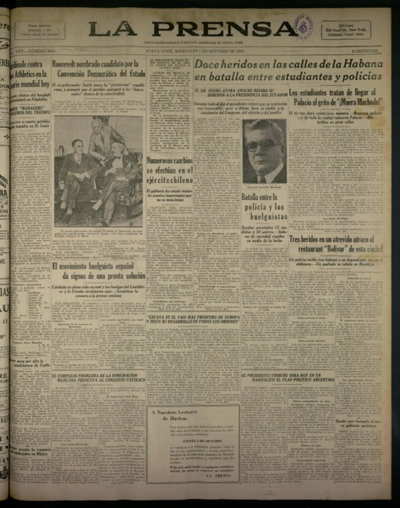 Miniatura de La Prensa: único diario español e hispano americano en Nueva York del 1 de octubre de 1930, nº 3968