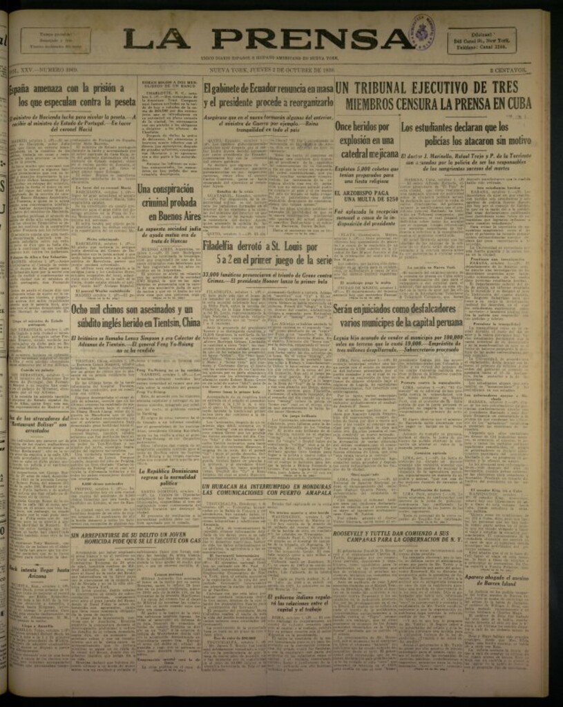 Miniatura de La Prensa: único diario español e hispano americano en Nueva York del 2 de octubre de 1930, nº 3969