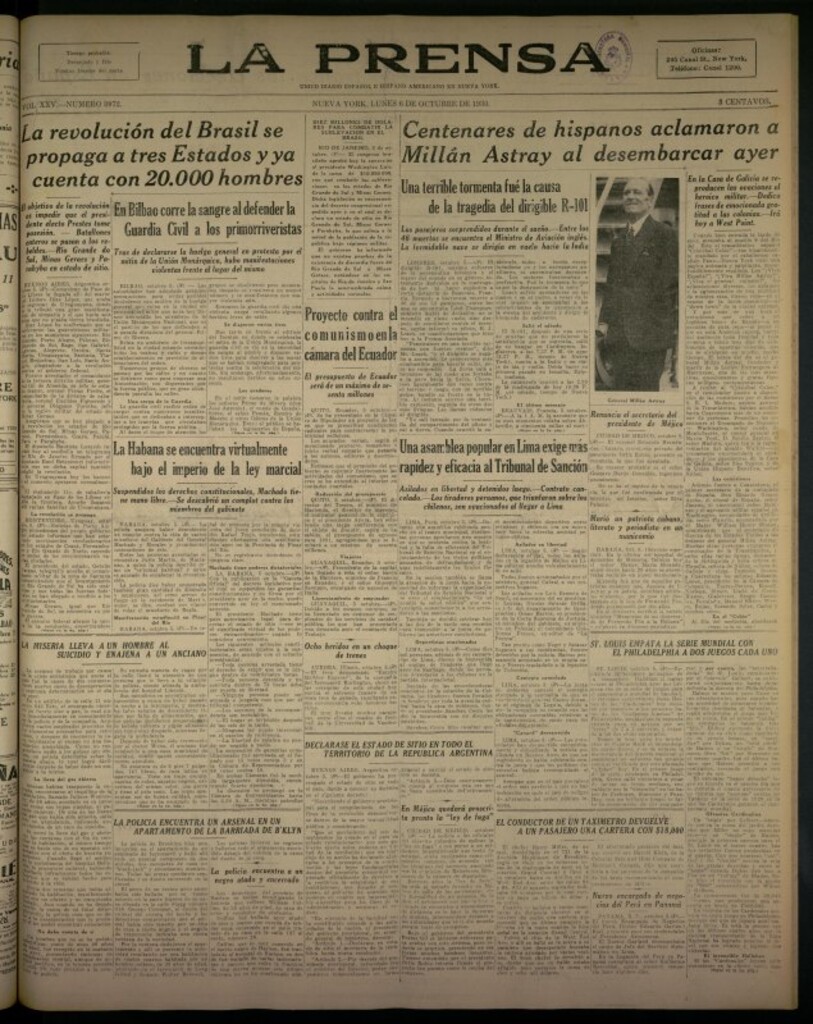 Miniatura de La Prensa: único diario español e hispano americano en Nueva York del 6 de octubre de 1930, nº 3972