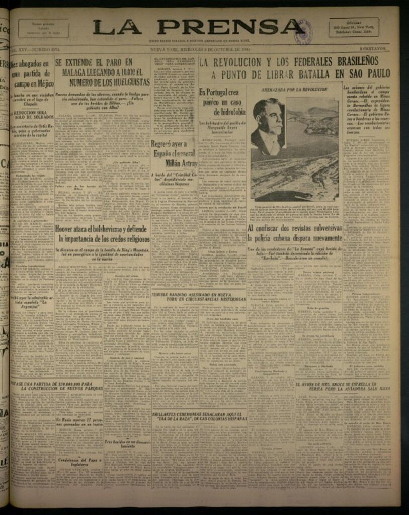Miniatura de La Prensa: único diario español e hispano americano en Nueva York del 8 de octubre de 1930, nº 3974