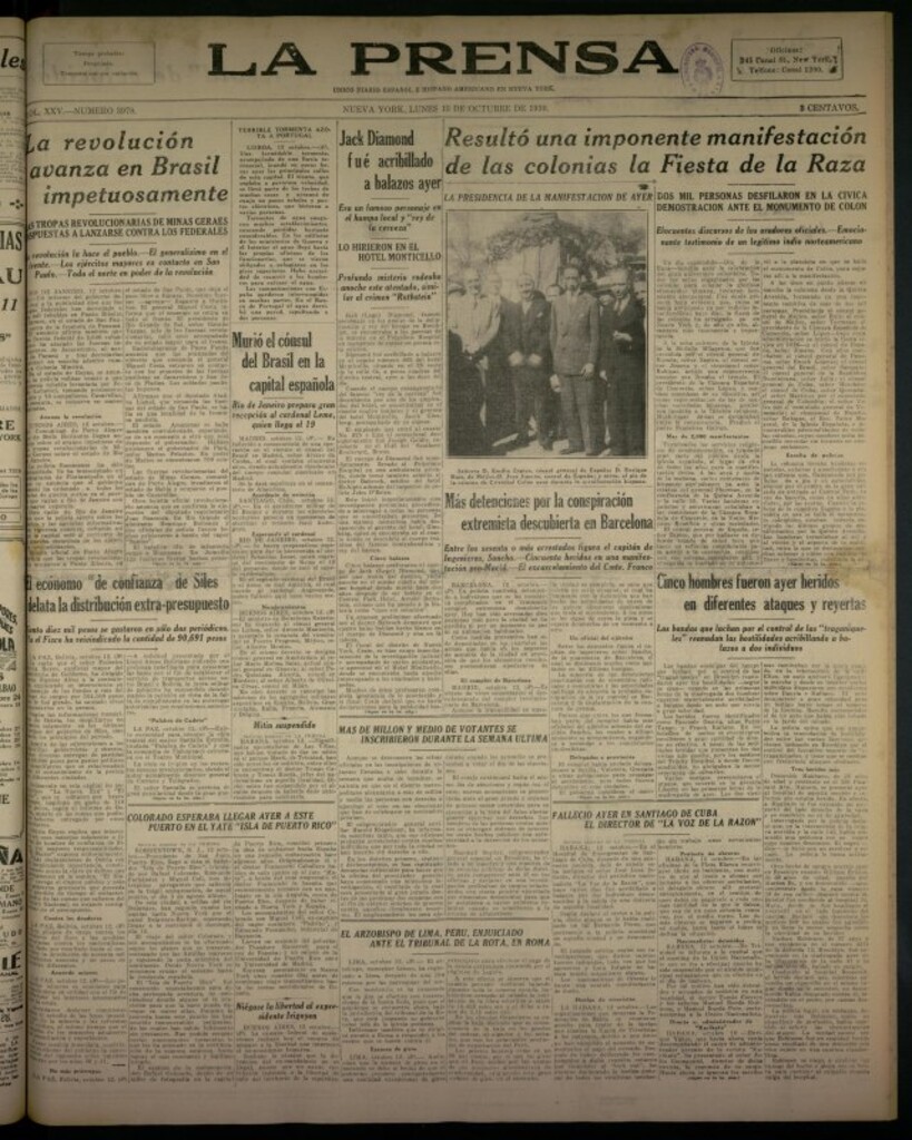 Miniatura de La Prensa: único diario español e hispano americano en Nueva York del 13 de octubre de 1930, nº 3978