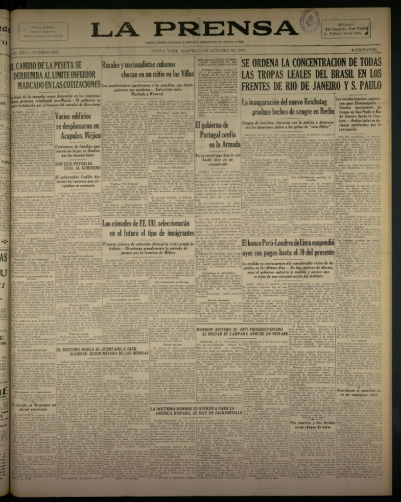 Miniatura de La Prensa: único diario español e hispano americano en Nueva York del 14 de octubre de 1930, nº 3979