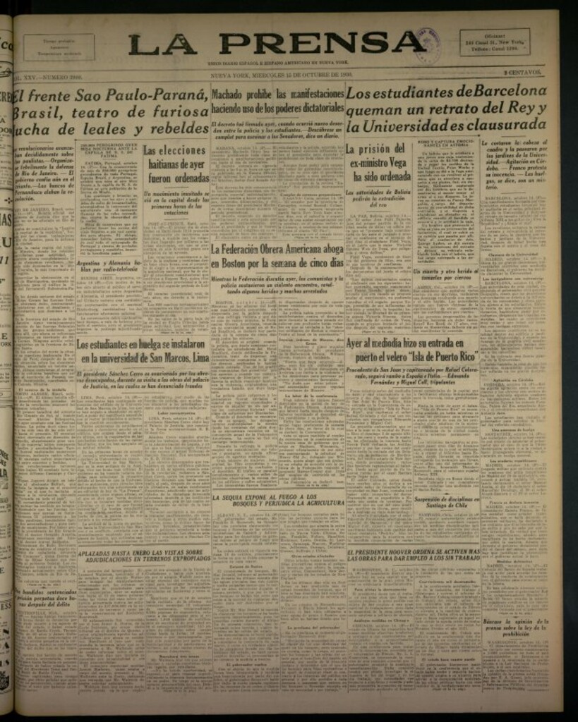 Miniatura de La Prensa: único diario español e hispano americano en Nueva York del 15 de octubre de 1930, nº 3980