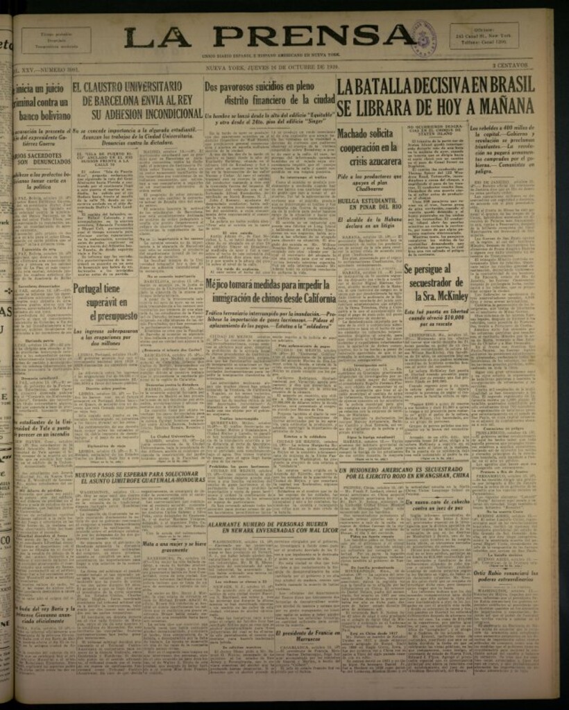 Miniatura de La Prensa: único diario español e hispano americano en Nueva York del 16 de octubre de 1930, nº 3981