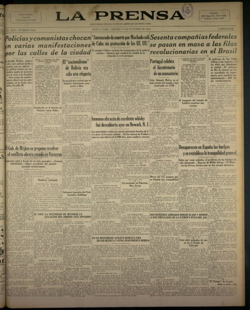 Miniatura de La Prensa: único diario español e hispano americano en Nueva York del 17 de octubre de 1930, nº 3982
