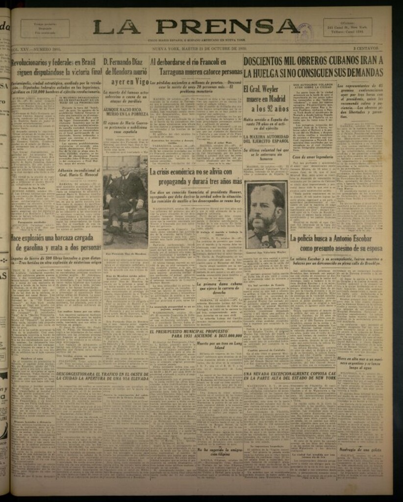 Miniatura de La Prensa: único diario español e hispano americano en Nueva York del 21 de octubre de 1930, nº 3985