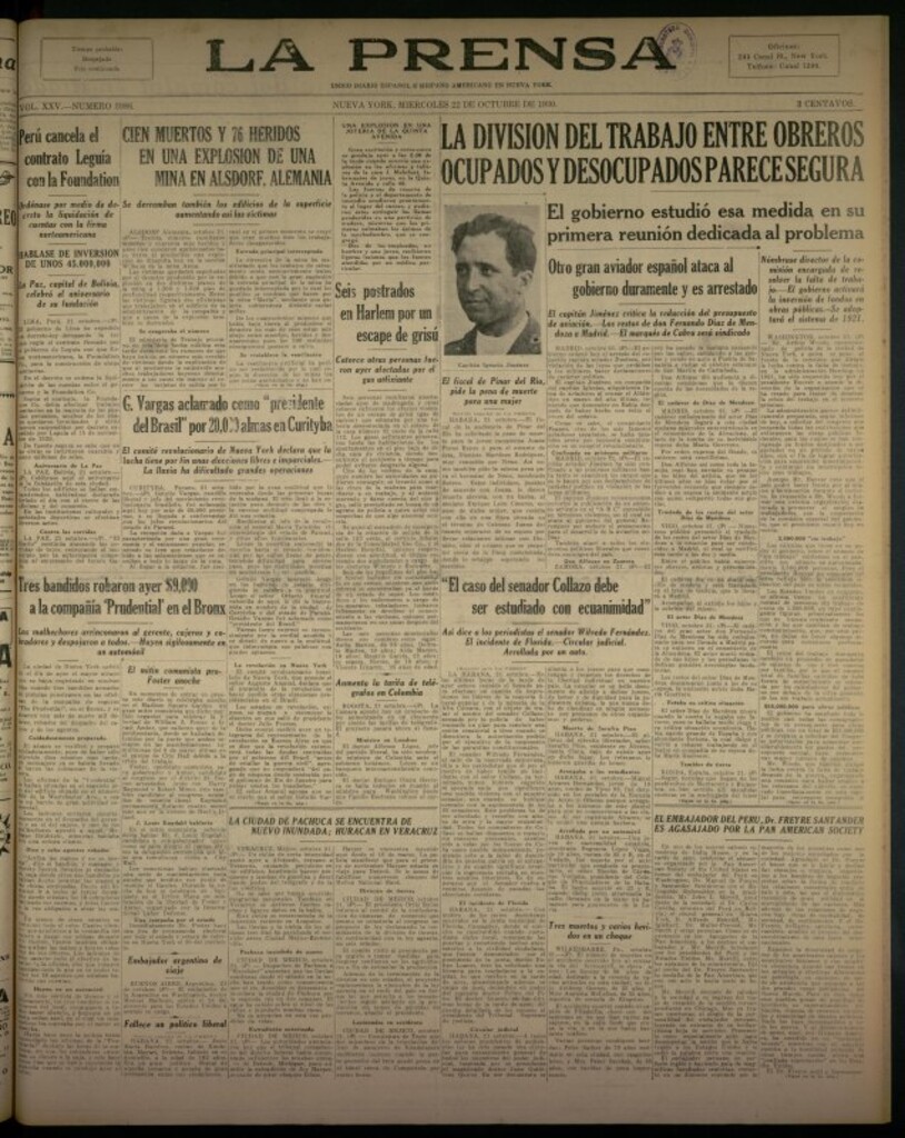 Miniatura de La Prensa: único diario español e hispano americano en Nueva York del 22 de octubre de 1930, nº 3986