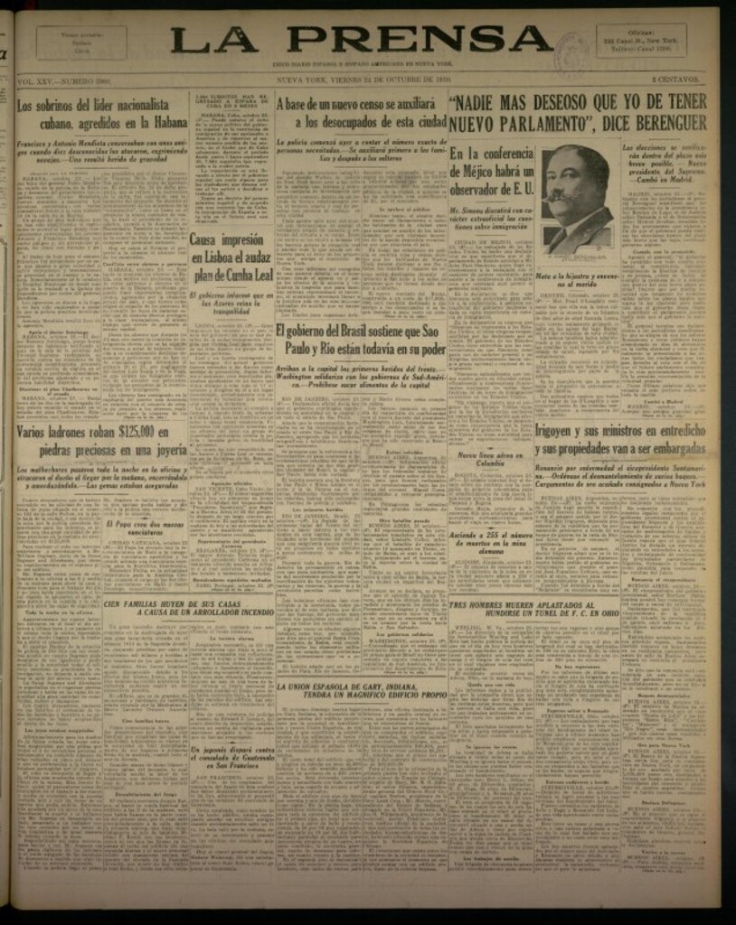 Miniatura de La Prensa: único diario español e hispano americano en Nueva York del 24 de octubre de 1930, nº 3988
