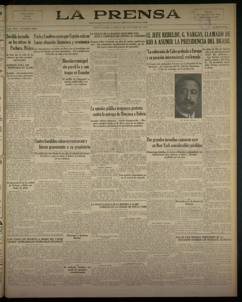 Miniatura de La Prensa: único diario español e hispano americano en Nueva York del 27 de octubre de 1930, nº 3990