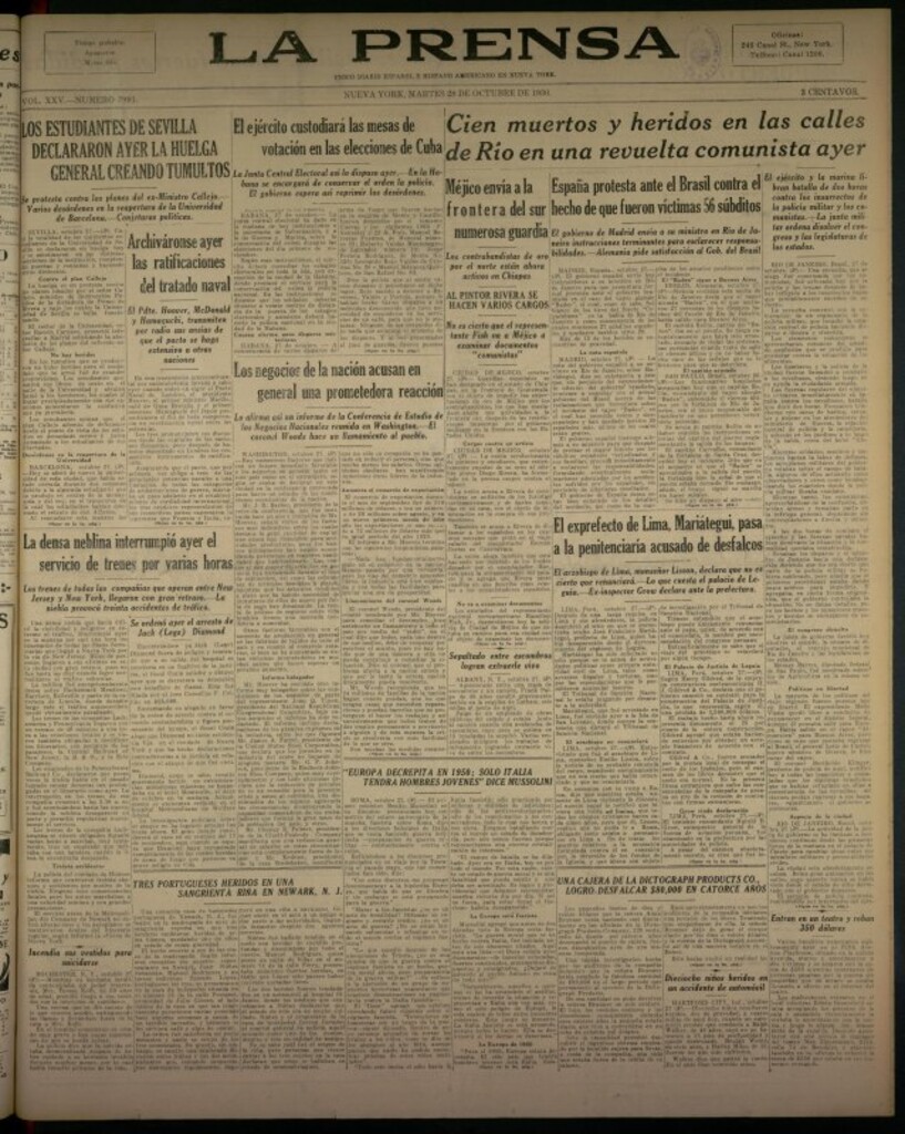 Miniatura de La Prensa: único diario español e hispano americano en Nueva York del 28 de octubre de 1930, nº 3991